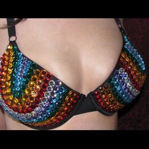Embellished bra with rainbow acrylic rhinestones